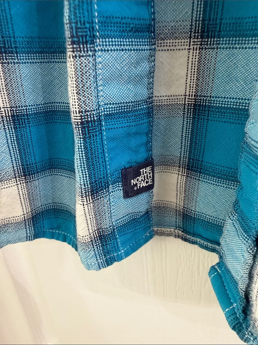 The North Face Men’s Teal and White Plaid Short-Sleeve Button-Down Shirt